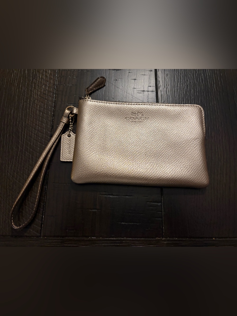 Coach Corner Zip Wristlet Metallic Leather- Champagne Gold